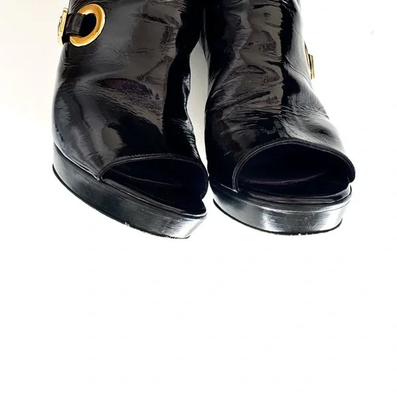 Sergio Rossi Crinkle Patent Leather Open-toe Booties Golden Statement Buckles 38 - Picture 9 of 14